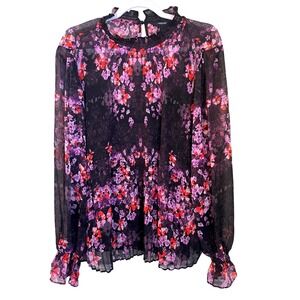 Simply Very Wang Size XL Black Purple Floral Sheer Sleeve Long Sleeve  Blouse